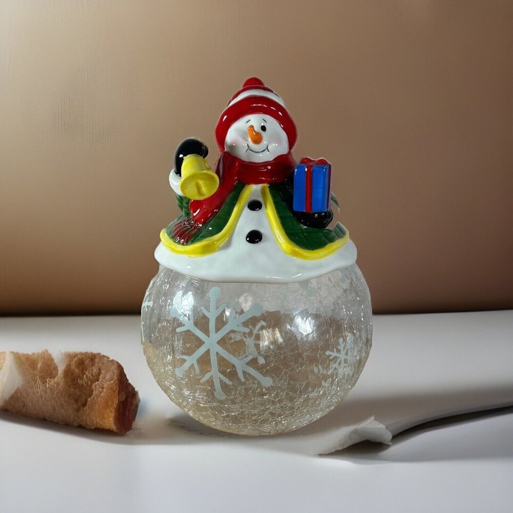 Ceramic Painted Snowman W/ Cracked Glass Snowflake Bottom Cookie Jar 11” Height